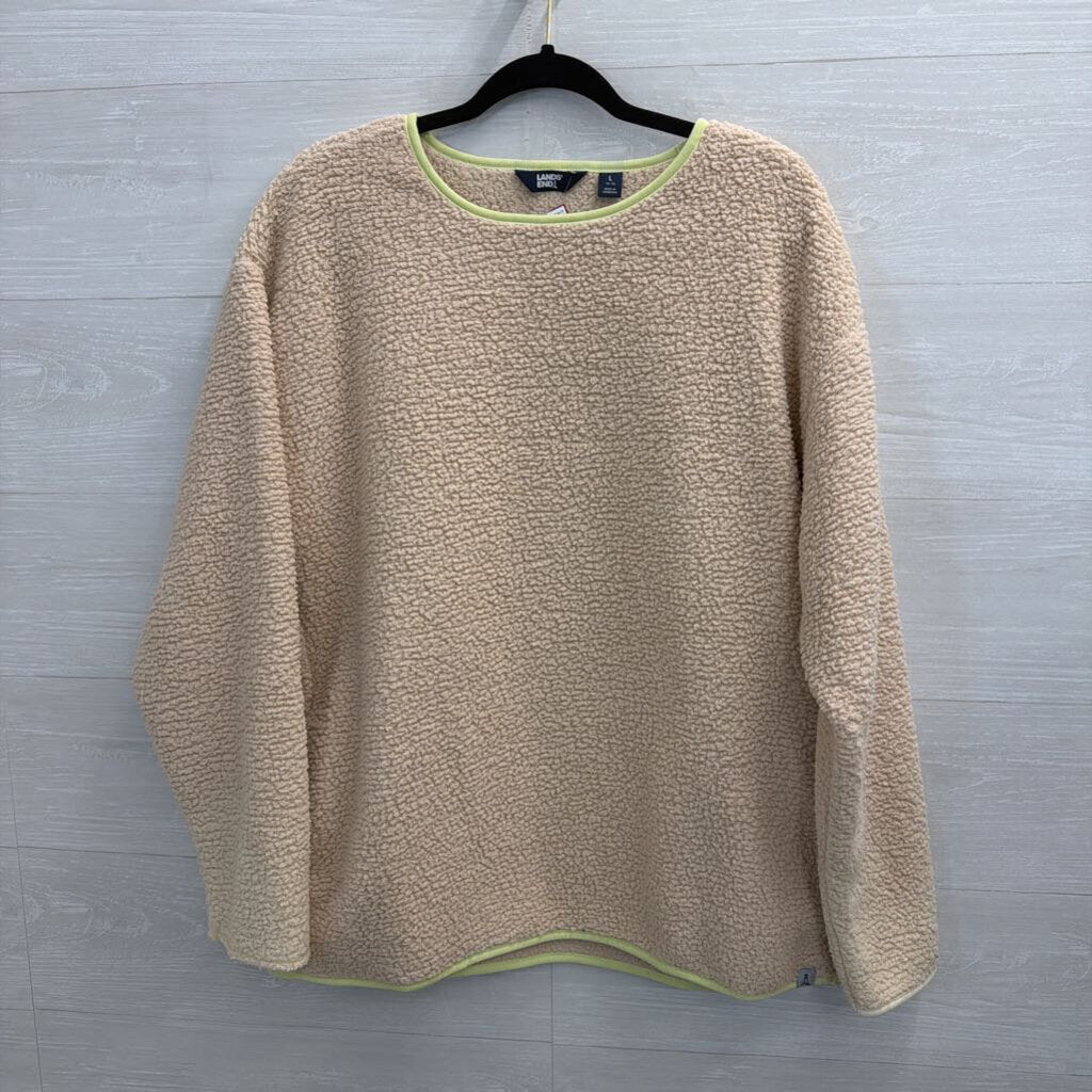 Lands End Beige Sherpa Green Trim Long Sleeve Top Large