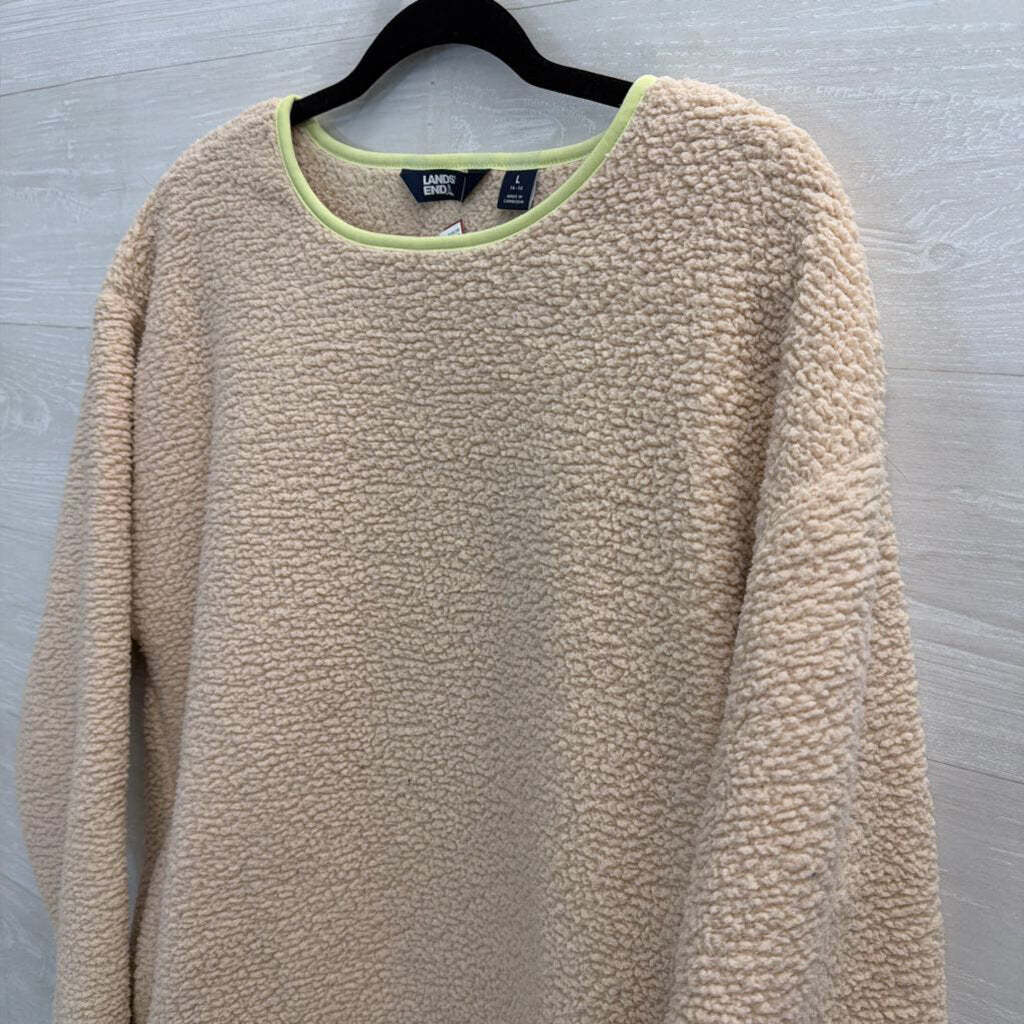 Lands End Beige Sherpa Green Trim Long Sleeve Top Large