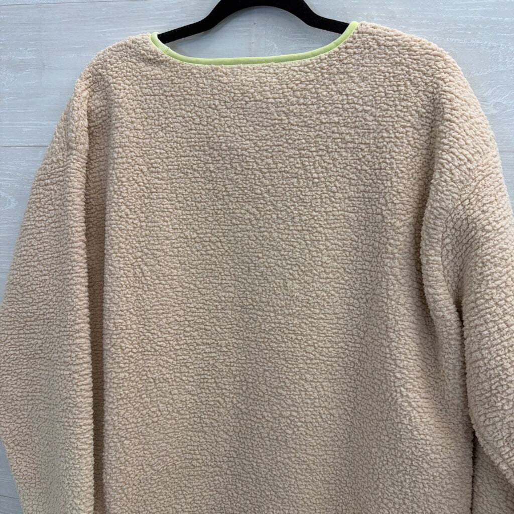 Lands End Beige Sherpa Green Trim Long Sleeve Top Large