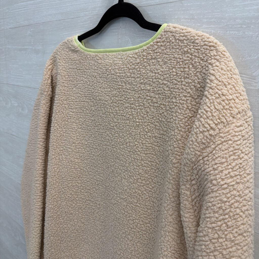 Lands End Beige Sherpa Green Trim Long Sleeve Top Large