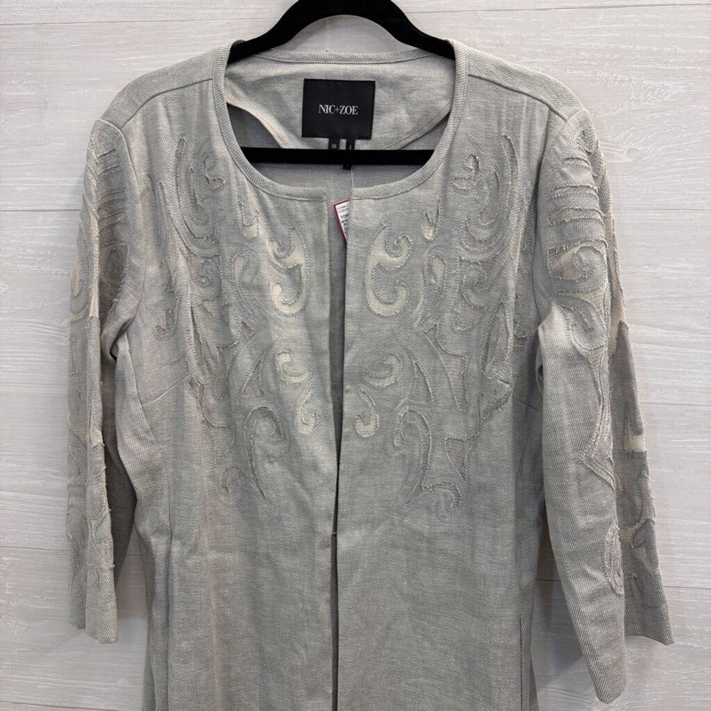Nic and Zoe Grey Mesh Print Long Sleeve Open Front Jacket Top Medium
