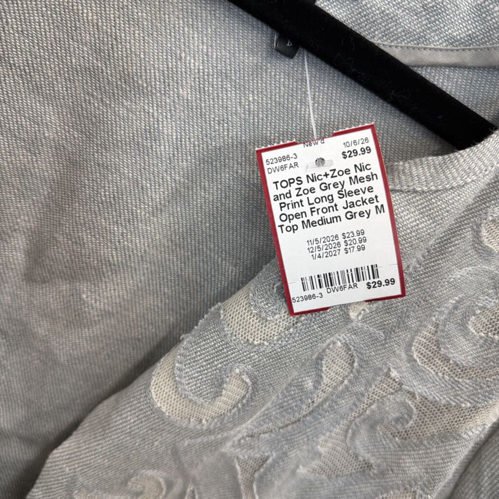 Nic and Zoe Grey Mesh Print Long Sleeve Open Front Jacket Top Medium