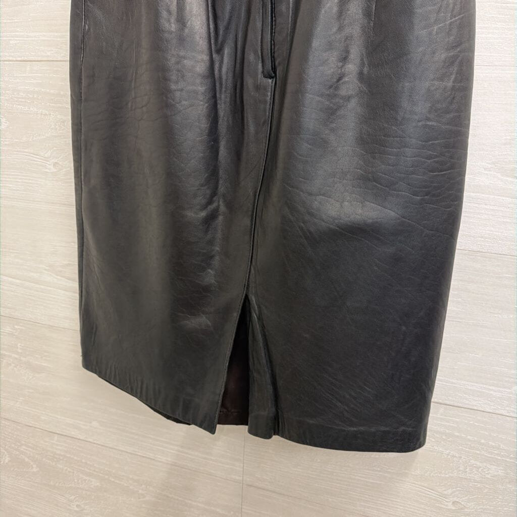 Vintage Black Leather Over The Knee Skirt Small