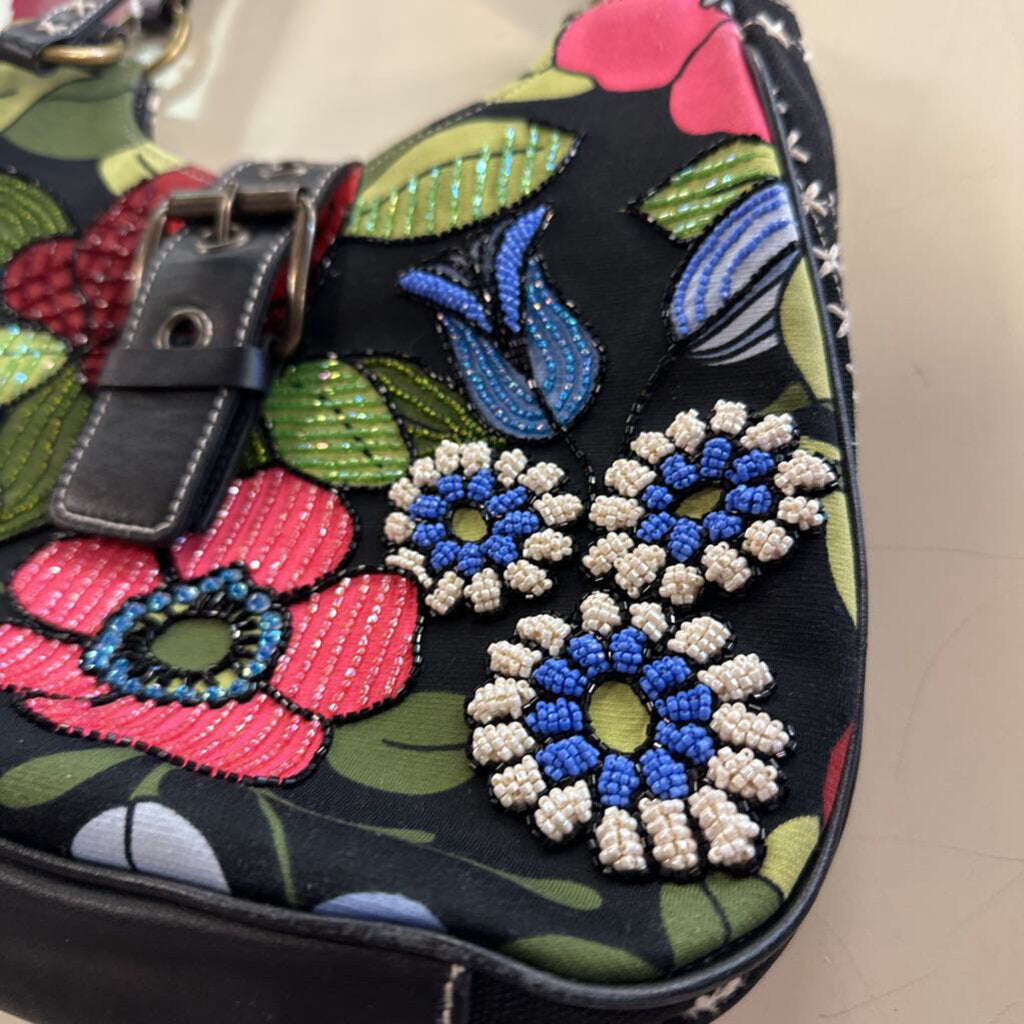 Vintage Isabella Fiore Black/ Multi Beaded Floral Shoulder Purse