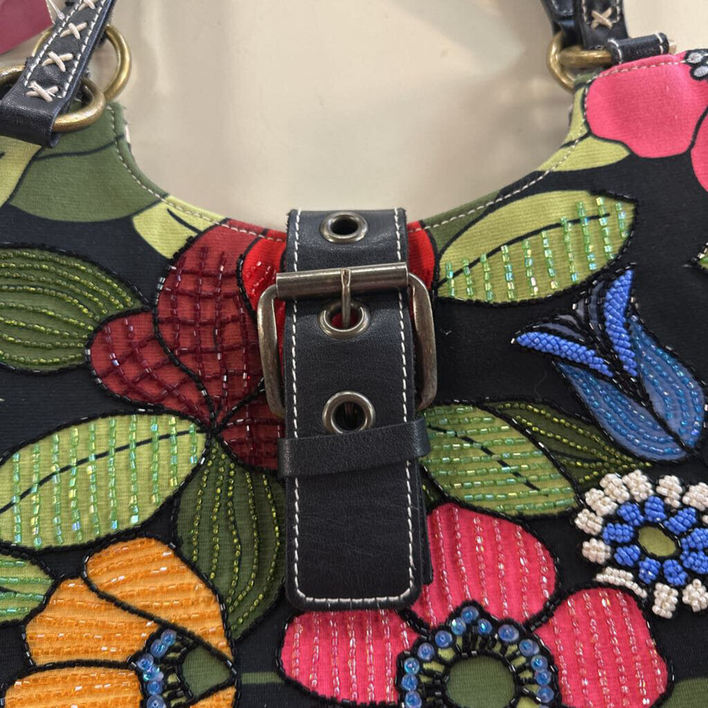 Vintage Isabella Fiore Black/ Multi Beaded Floral Shoulder Purse