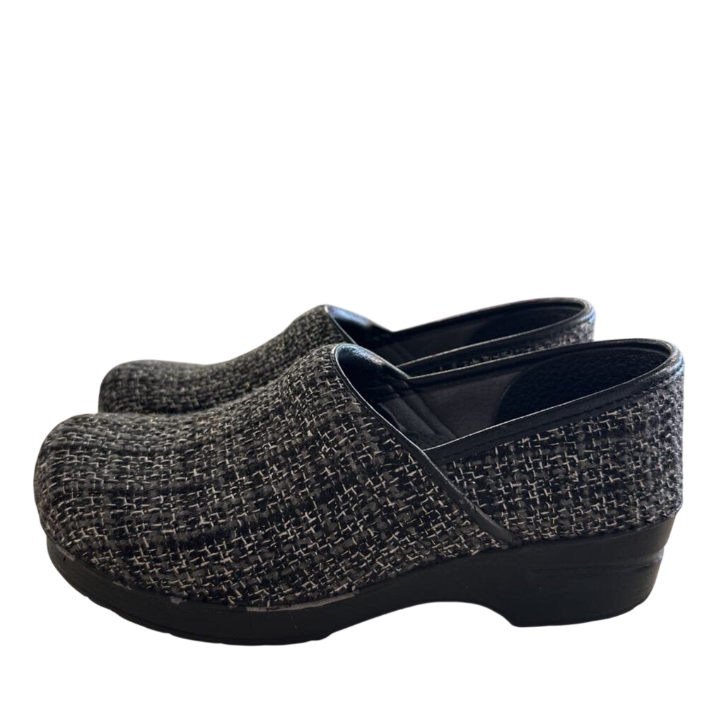 Dansko Black/ Grey Textured Tweed Slip On Clogs 41