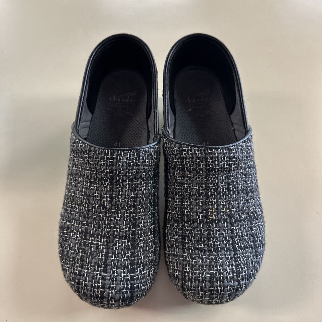 Dansko Black/ Grey Textured Tweed Slip On Clogs 41