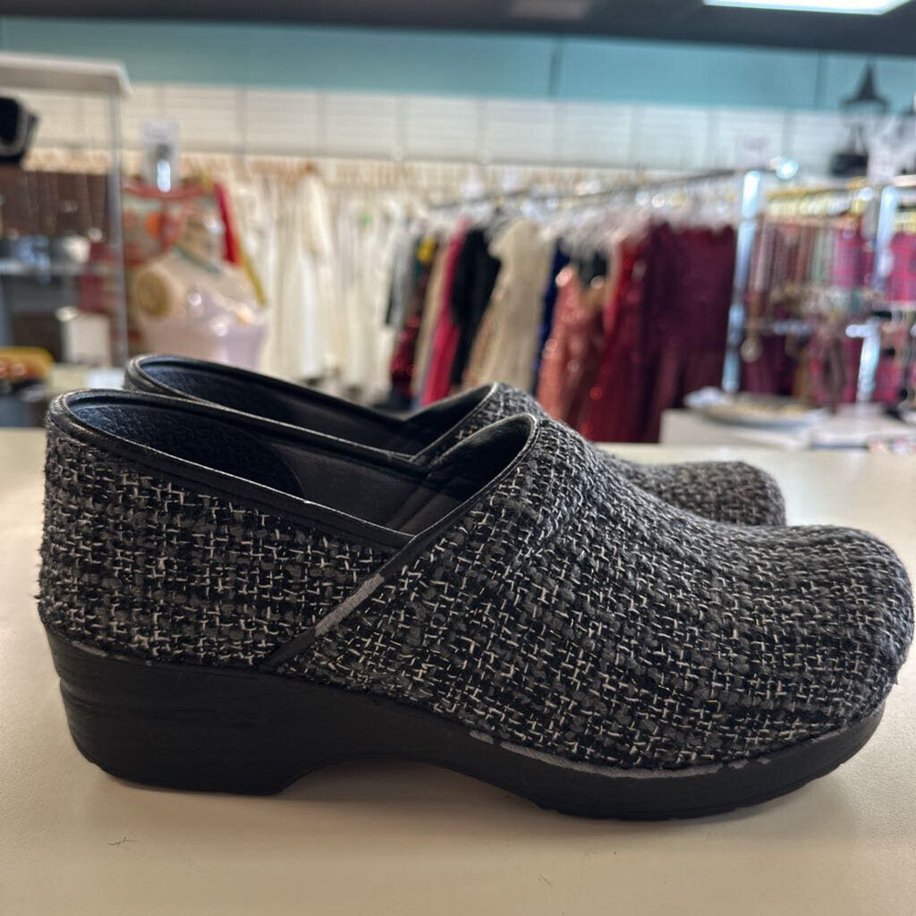Dansko Black/ Grey Textured Tweed Slip On Clogs 41