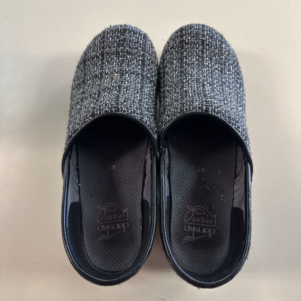 Dansko Black/ Grey Textured Tweed Slip On Clogs 41