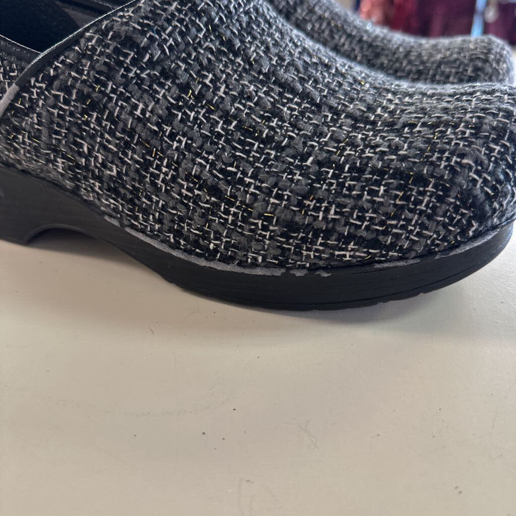 Dansko Black/ Grey Textured Tweed Slip On Clogs 41