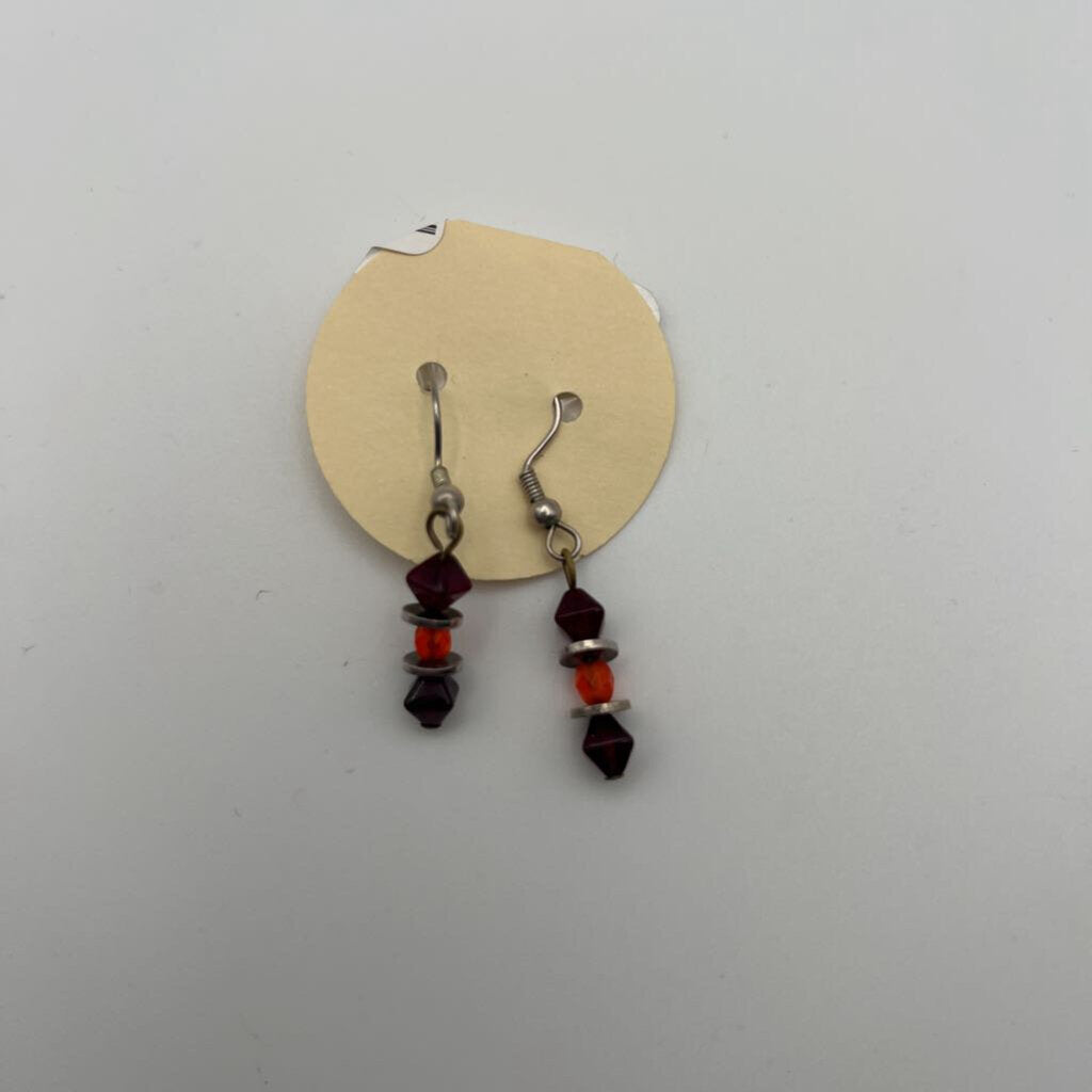 Silver/ Burgundy/ Orange Beaded Drop Earrings