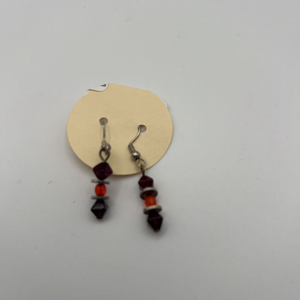 Silver/ Burgundy/ Orange Beaded Drop Earrings