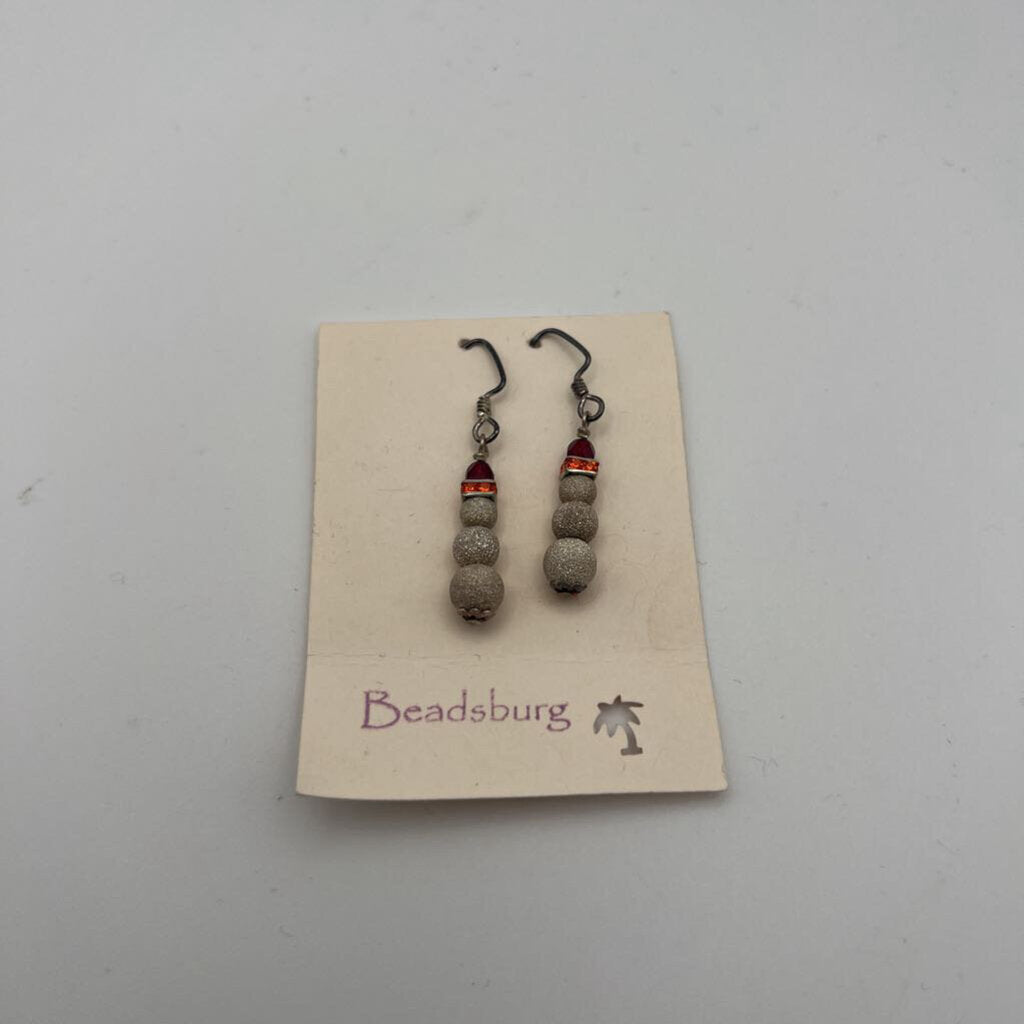 Silver/ Burgundy/ Orange Snowman Beaded Drop Earrings