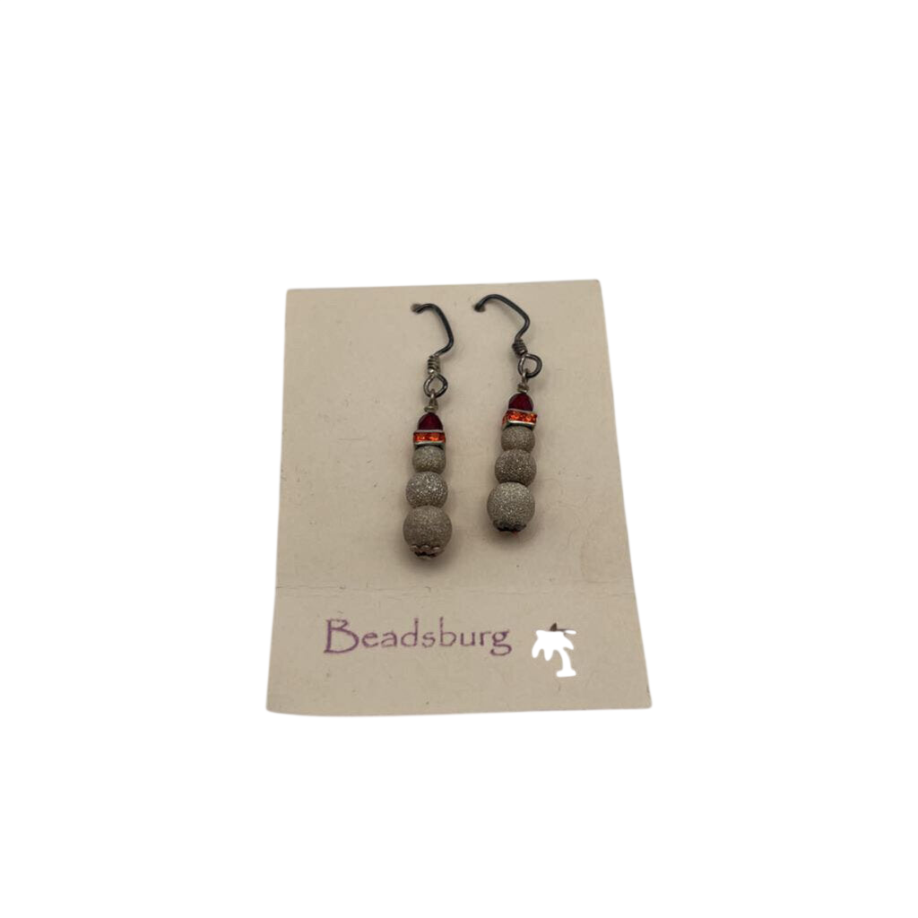 Silver/ Burgundy/ Orange Snowman Beaded Drop Earrings