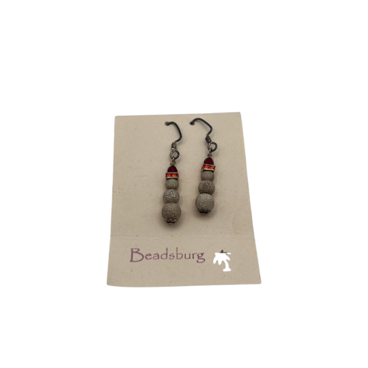 Silver/ Burgundy/ Orange Snowman Beaded Drop Earrings