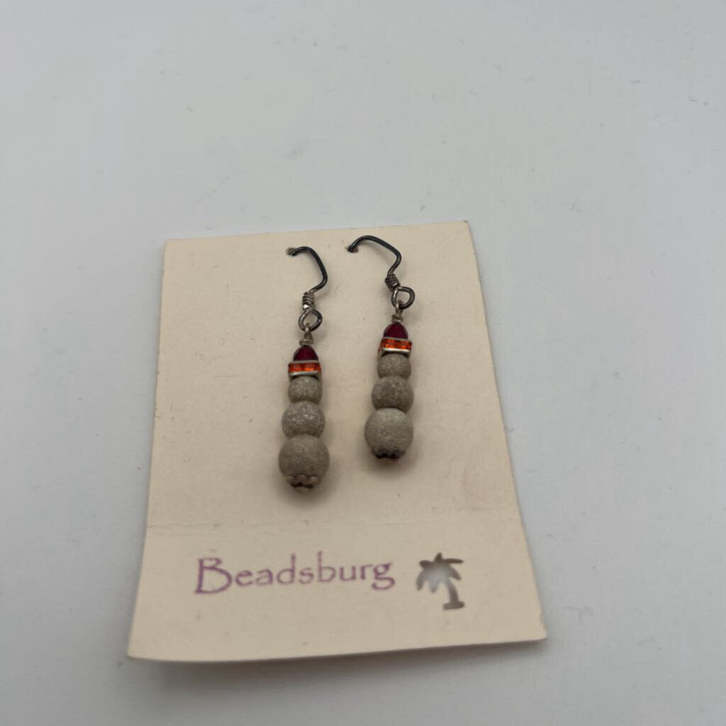Silver/ Burgundy/ Orange Snowman Beaded Drop Earrings