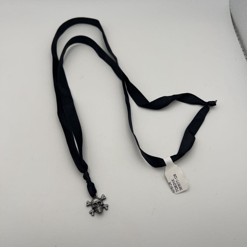 Skull Cross Bone Pendant Black Ribbon Necklace