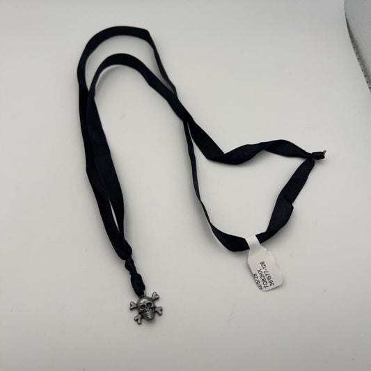 Skull Cross Bone Pendant Black Ribbon Necklace