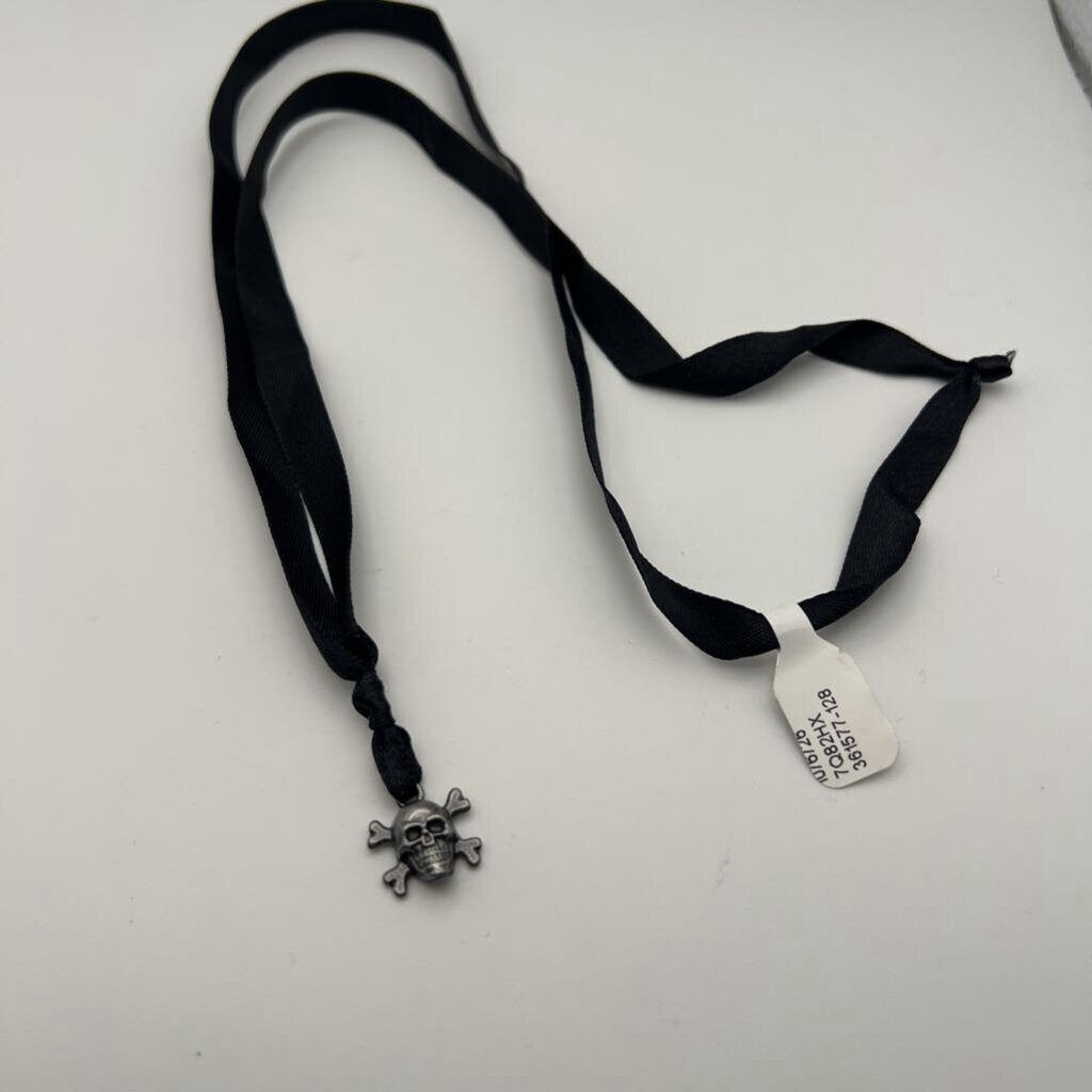 Skull Cross Bone Pendant Black Ribbon Necklace