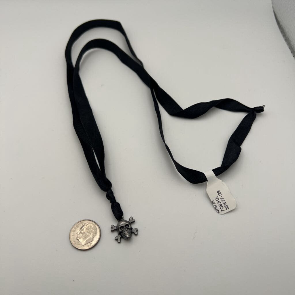 Skull Cross Bone Pendant Black Ribbon Necklace