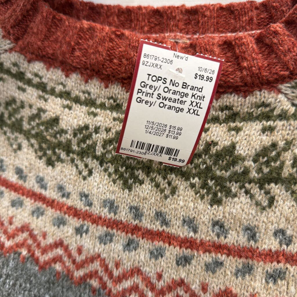 Grey/ Orange Knit Print Sweater XXL