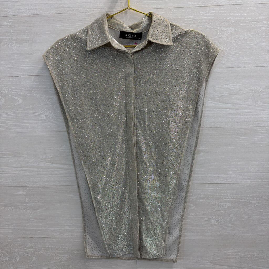 Akira Silver Shimmer Sparkle Sleeveless Split Side Top Medium