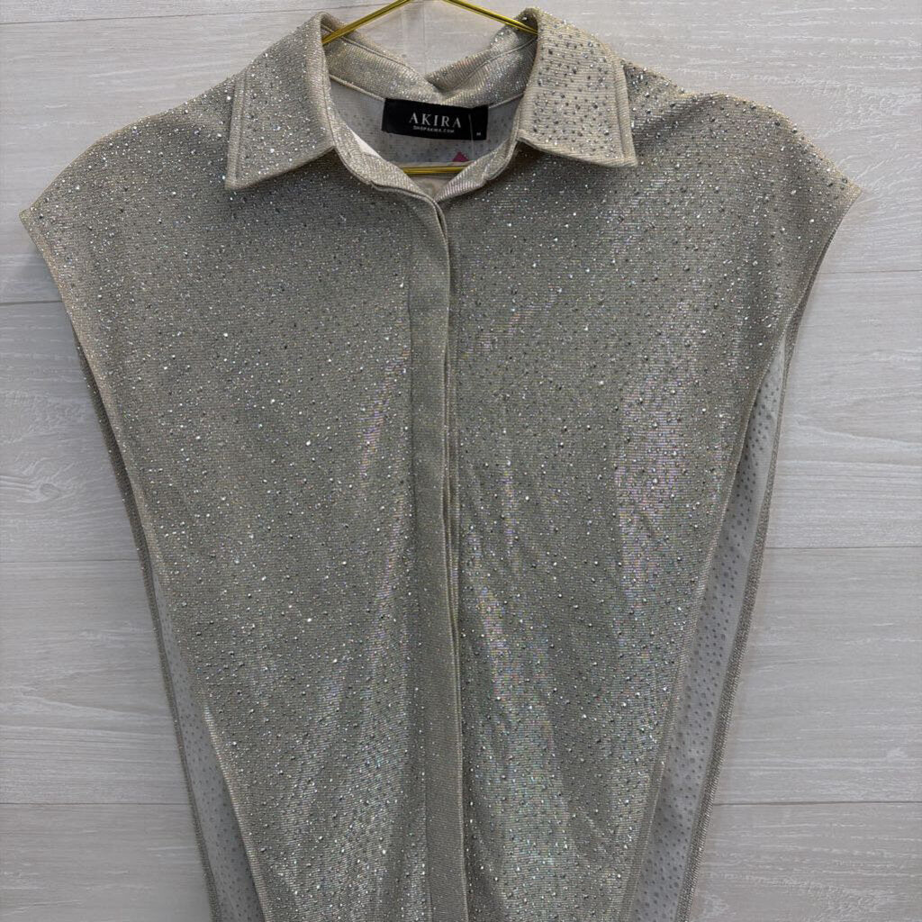 Akira Silver Shimmer Sparkle Sleeveless Split Side Top Medium