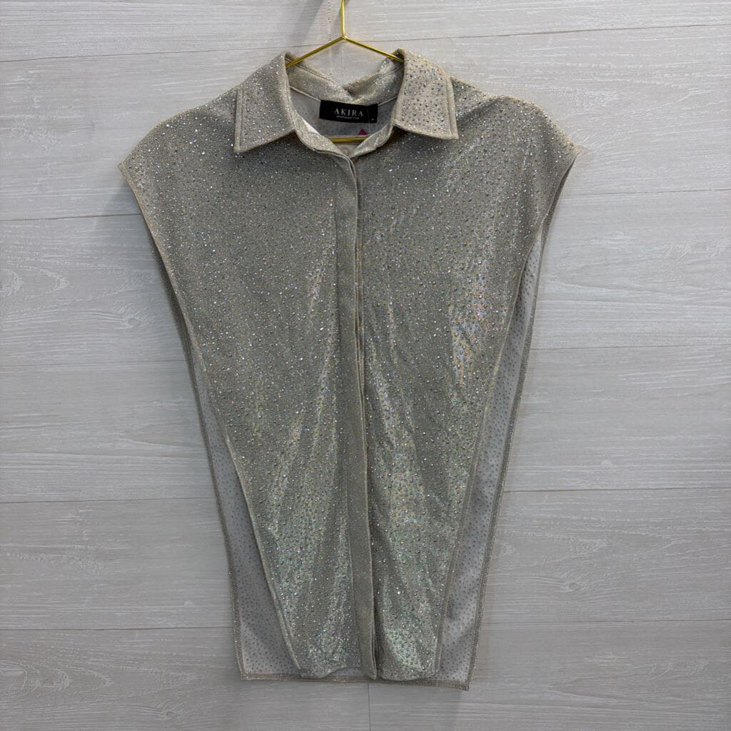 Akira Silver Shimmer Sparkle Sleeveless Split Side Top Medium