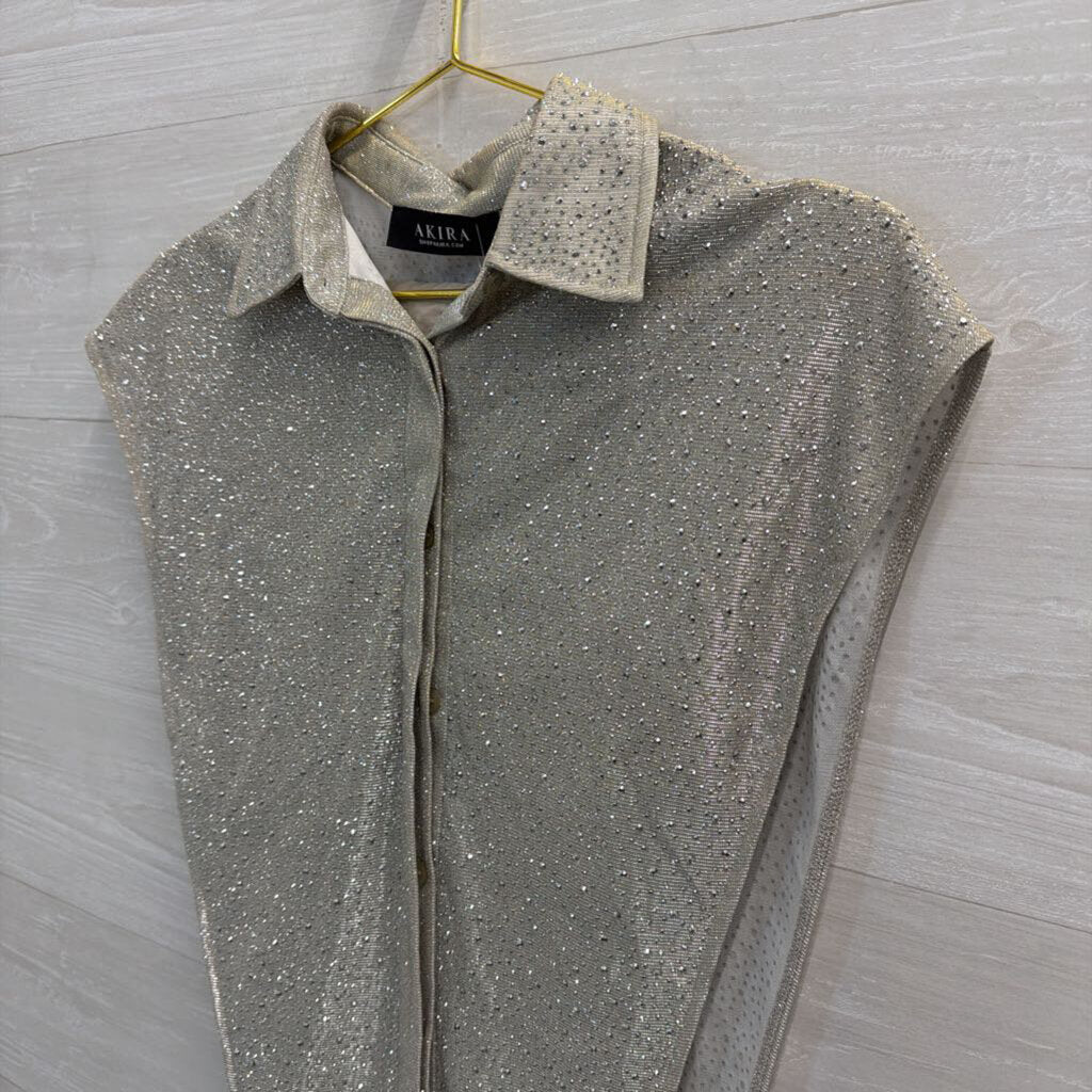 Akira Silver Shimmer Sparkle Sleeveless Split Side Top Medium