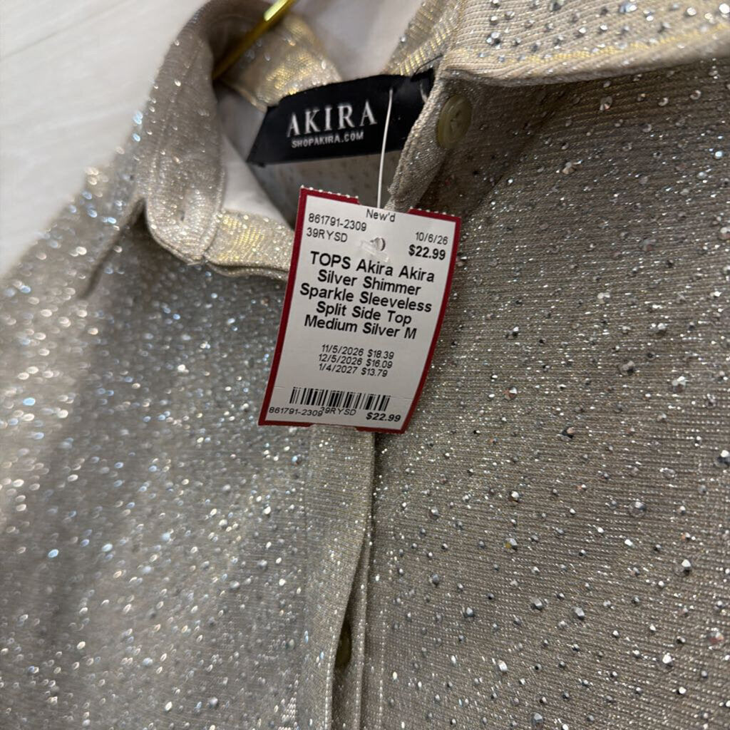 Akira Silver Shimmer Sparkle Sleeveless Split Side Top Medium