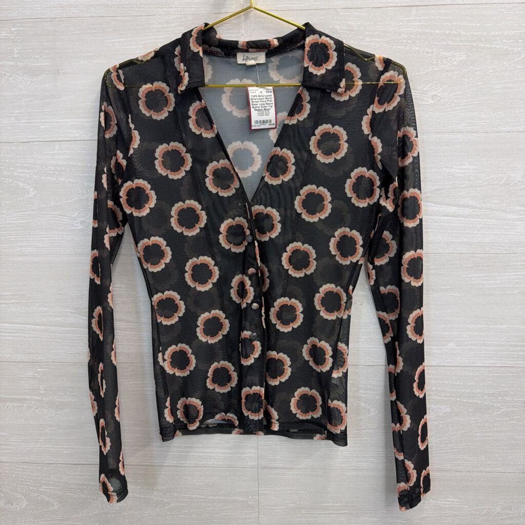 Bittersweet Black/ Brown Floral Print Sheer Long Sleeve Button Down Top Medium