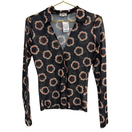 Bittersweet Black/ Brown Floral Print Sheer Long Sleeve Button Down Top Medium