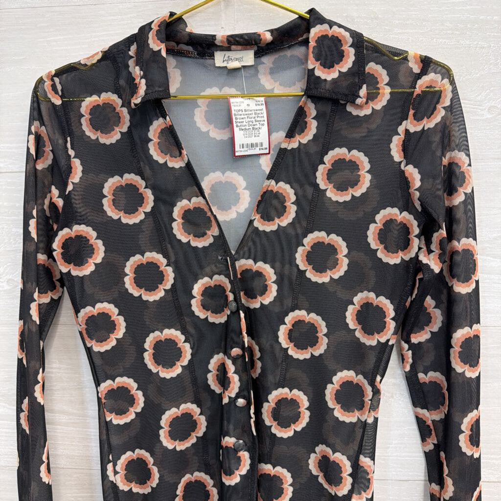 Bittersweet Black/ Brown Floral Print Sheer Long Sleeve Button Down Top Medium