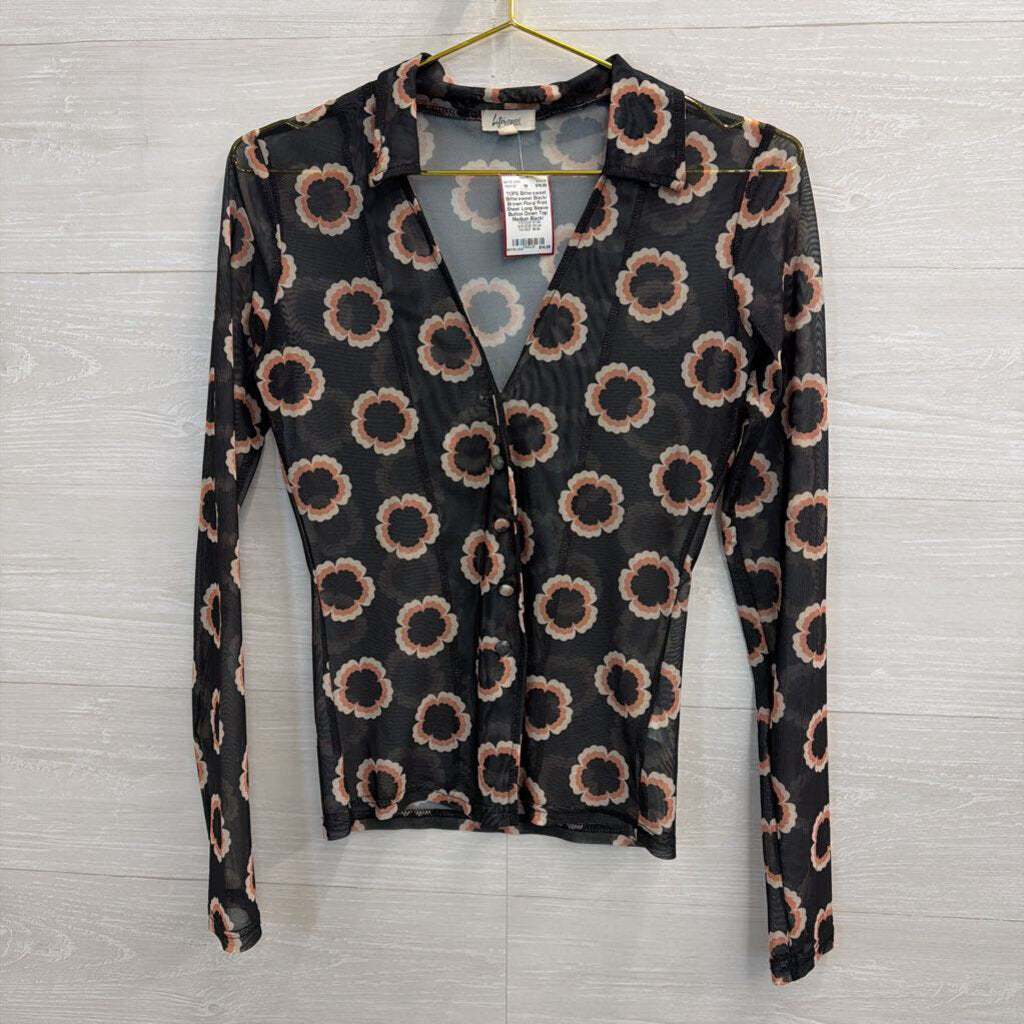 Bittersweet Black/ Brown Floral Print Sheer Long Sleeve Button Down Top Medium