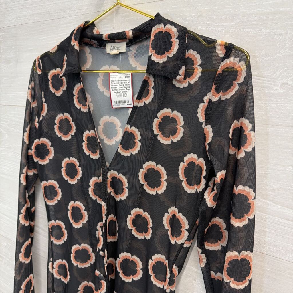 Bittersweet Black/ Brown Floral Print Sheer Long Sleeve Button Down Top Medium