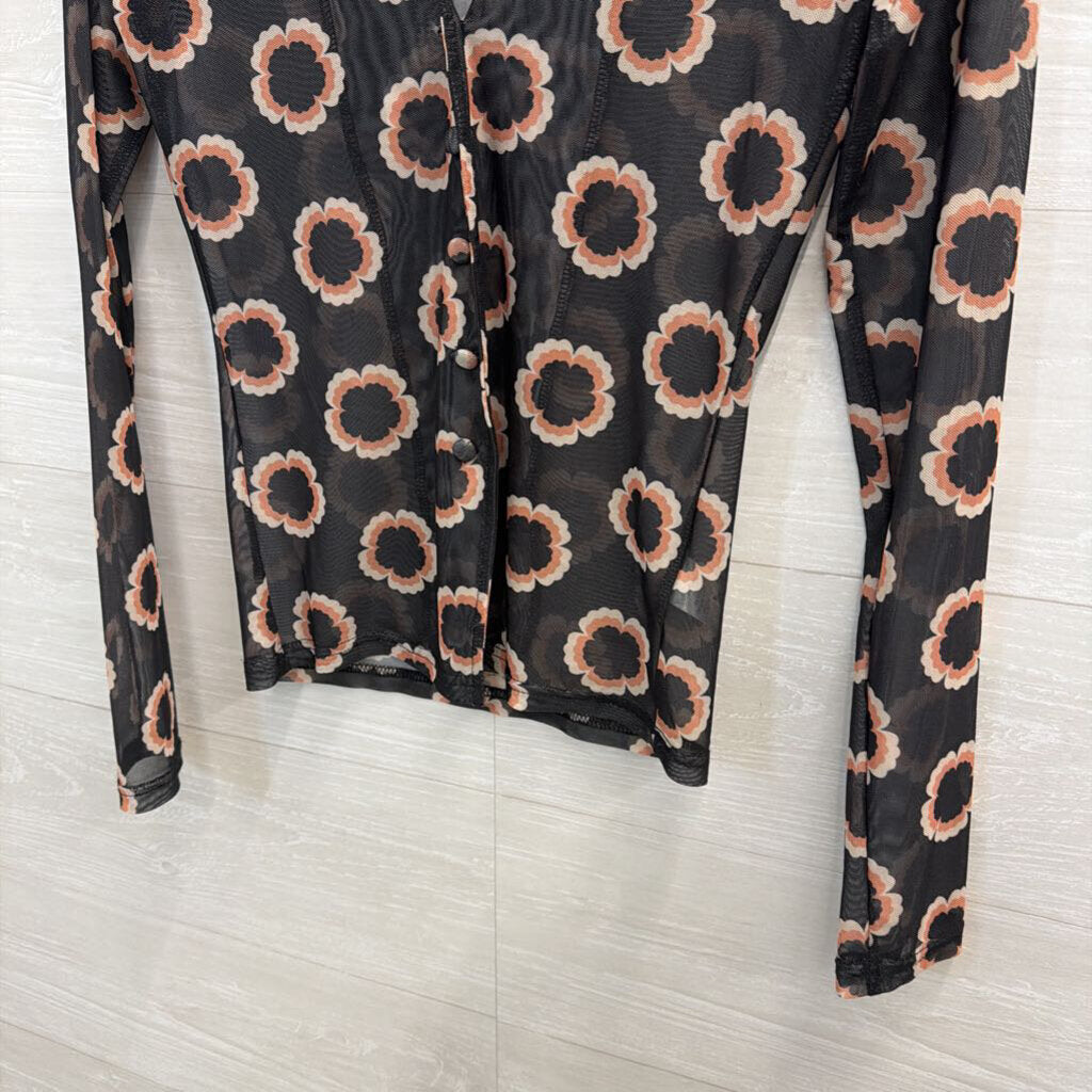 Bittersweet Black/ Brown Floral Print Sheer Long Sleeve Button Down Top Medium