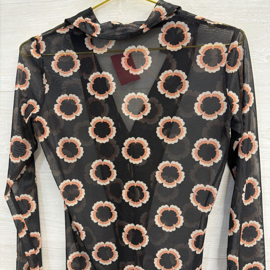 Bittersweet Black/ Brown Floral Print Sheer Long Sleeve Button Down Top Medium