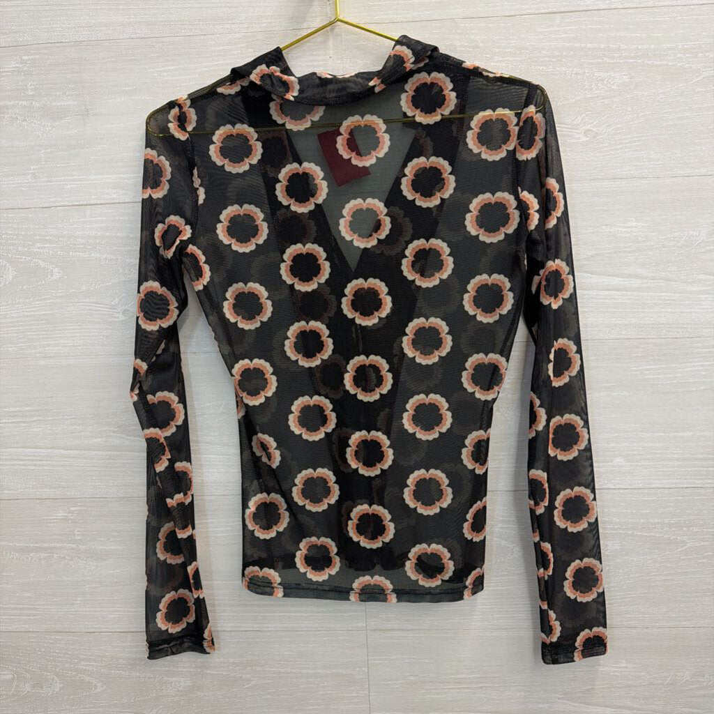 Bittersweet Black/ Brown Floral Print Sheer Long Sleeve Button Down Top Medium