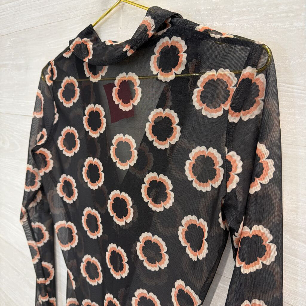 Bittersweet Black/ Brown Floral Print Sheer Long Sleeve Button Down Top Medium