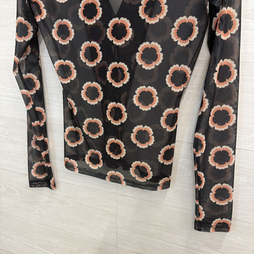 Bittersweet Black/ Brown Floral Print Sheer Long Sleeve Button Down Top Medium