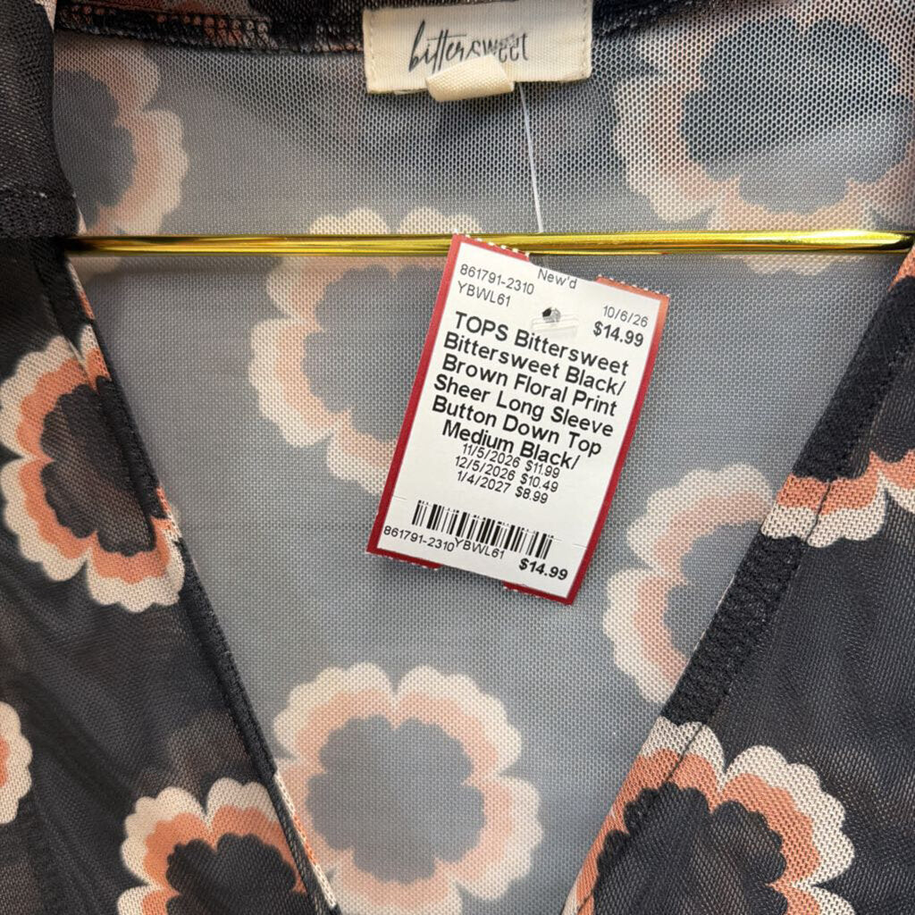 Bittersweet Black/ Brown Floral Print Sheer Long Sleeve Button Down Top Medium