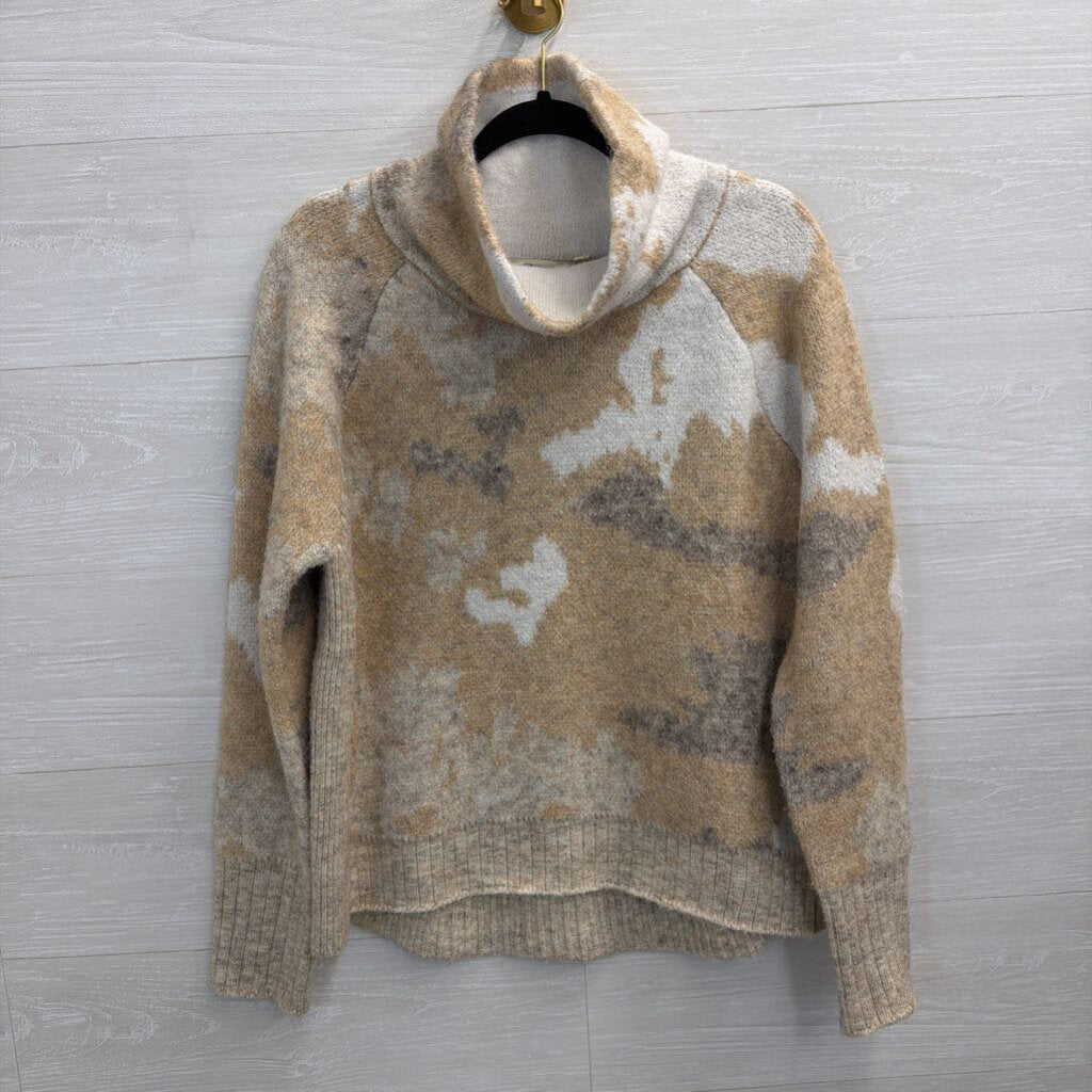 RD Style White/ Brown Soft Knit Print Turtleneck Sweater Large