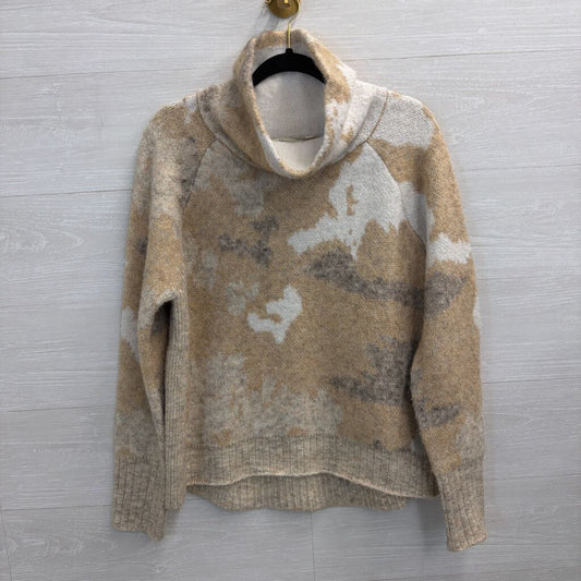 RD Style White/ Brown Soft Knit Print Turtleneck Sweater Large