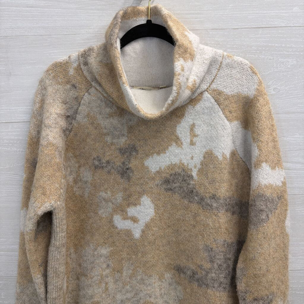 RD Style White/ Brown Soft Knit Print Turtleneck Sweater Large