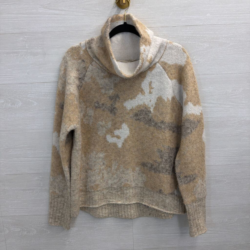 RD Style White/ Brown Soft Knit Print Turtleneck Sweater Large