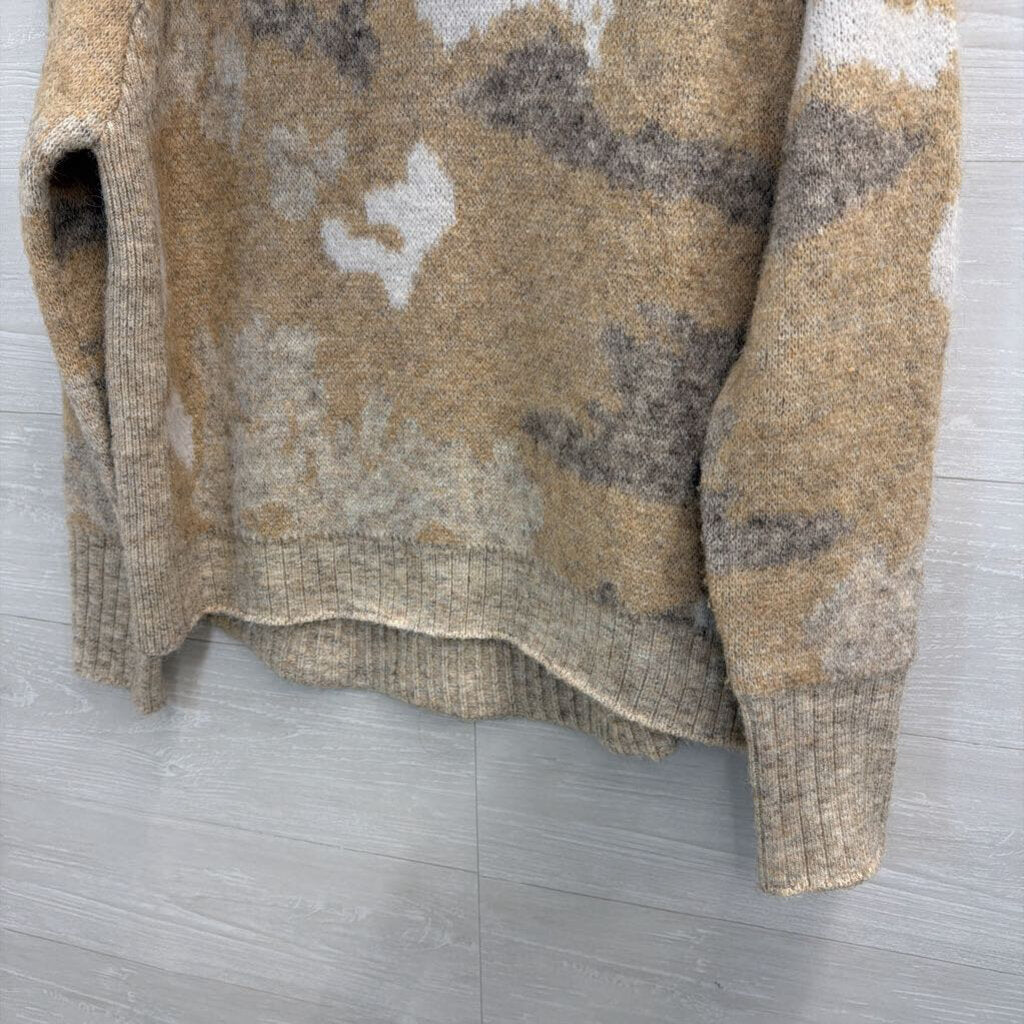 RD Style White/ Brown Soft Knit Print Turtleneck Sweater Large