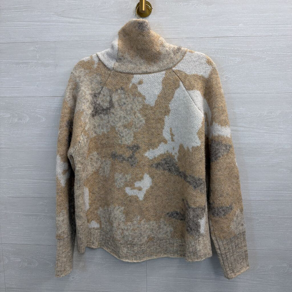 RD Style White/ Brown Soft Knit Print Turtleneck Sweater Large