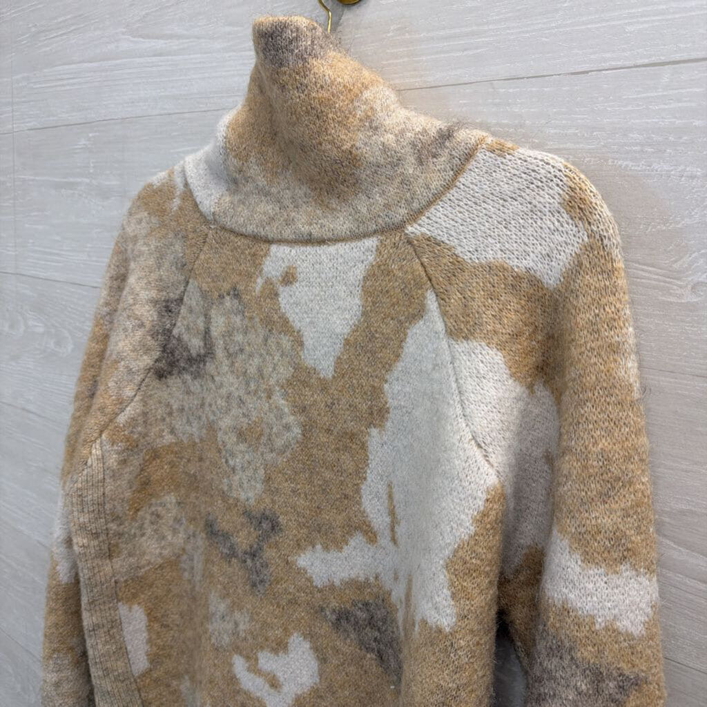 RD Style White/ Brown Soft Knit Print Turtleneck Sweater Large