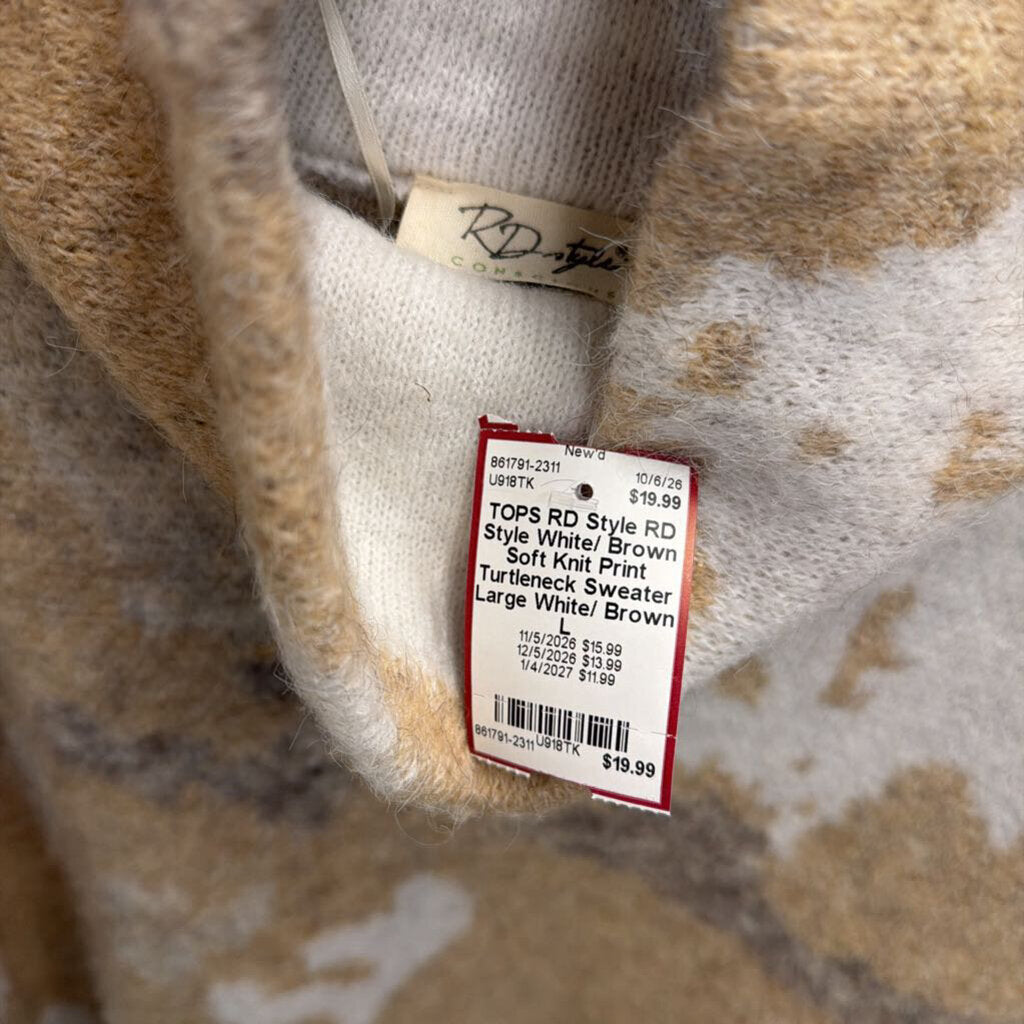 RD Style White/ Brown Soft Knit Print Turtleneck Sweater Large