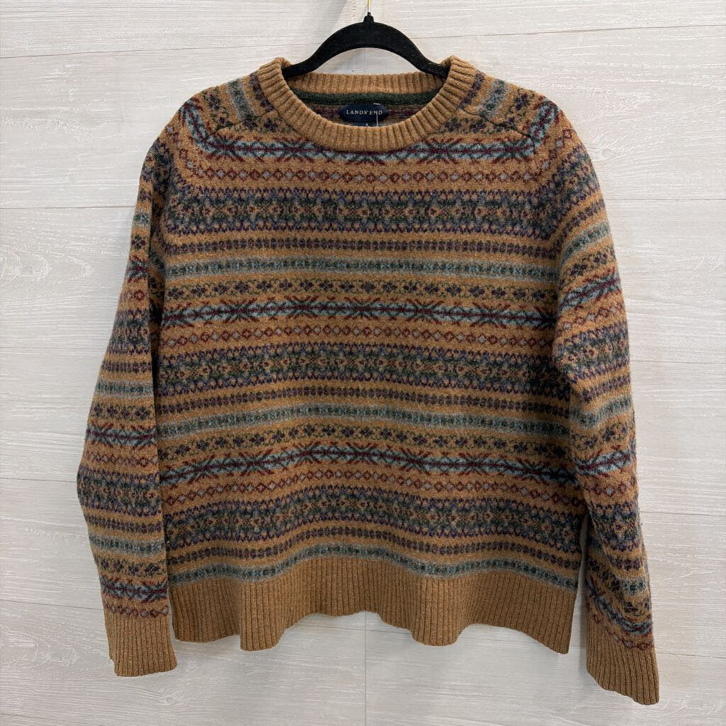 Lands End Brown/ Multi Print Knit Sweater XXL